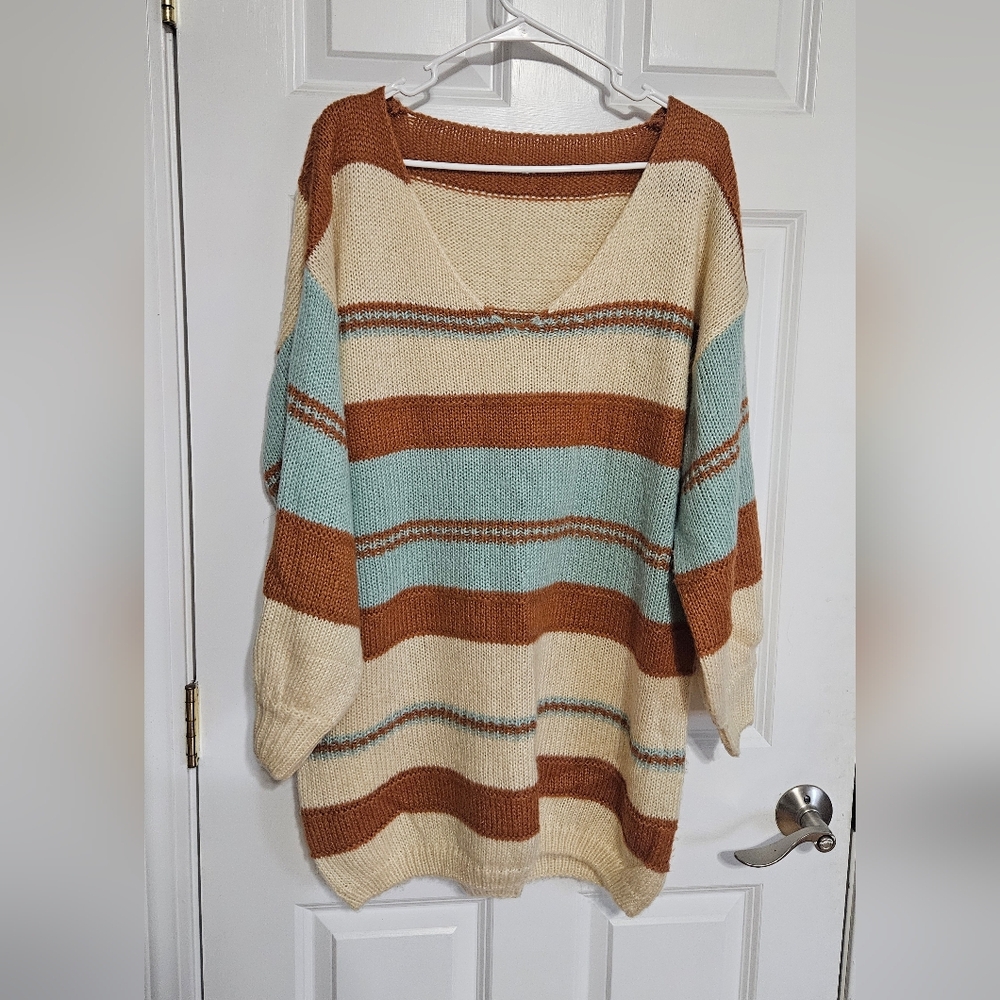 Cozy V-Neck Sweater in Cream, Brown, and Blue